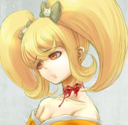 Rule 34 | 1girl, bare shoulders, blonde hair, blood, bow, breasts, brown eyes, cat hair ornament, cleavage, collarbone, commentary request, danganronpa (series), danganronpa 2: goodbye despair, from side, frown, grey background, hair bow, hair ornament, head tilt, japanese clothes, kimono, long hair, portrait, saionji hiyoko, sketch, small breasts, solo, spoilers, stitches, twintails, youko-shima
