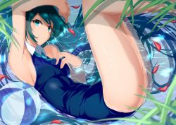 Rule 34 | 1girl, aqua eyes, armpits, ball, beachball, green hair, hatsune miku, kameponde, long hair, looking at viewer, lying, necktie, on side, one-piece swimsuit, partially submerged, petals, school swimsuit, smile, solo, swimsuit, vocaloid, water