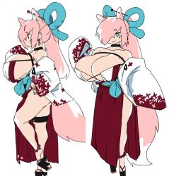 Rule 34 | 1girl, animal ears, anklet, blue bow, blue eyes, blue ribbon, bow, breasts, cleavage, earrings, fox ears, fox girl, fox tail, full body, hair ribbon, hand up, huge breasts, japanese clothes, jewelry, kimono, long hair, long sleeves, needle, original, pink fox (zanamoria), pink hair, pink tail, red kimono, revealing clothes, ribbon, sandals, sash, smile, solo, tail, thigh strap, white hair, white kim, white tail, wide sleeves, zanamaoria