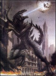 Rule 34 | aircraft, city, concept art, destruction, energy, explosion, fire, giant, giant monster, godzilla, godzilla the series, godzilla (series), helicopter, kaijuu, military, monster, official art, tristar pictures, war, zilla