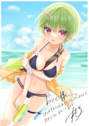 Rule 34 | 1girl, absurdres, amatsuji, bare shoulders, between breasts, bikini, black bikini, breast hold, breasts, cleavage, collarbone, flower bracelet, green hair, groin, halterneck, highres, holding, jacket, looking at viewer, medium breasts, multi-strapped bikini, navel, nomura miki, off shoulder, open clothes, open jacket, open mouth, outdoors, purple eyes, short hair, solo, stomach, strap, string bikini, summer pockets, swimsuit, thigh strap, thighs, water gun, wet, yellow jacket