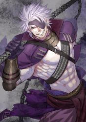 Rule 34 | 1boy, abs, bara, bare pectorals, bulge, chain, character request, check copyright, chest belt, chousokabe motochika (sengoku basara), commentary request, copyright request, dutch angle, eyepatch, feet out of frame, gloves, grin, highres, large pectorals, looking at viewer, male focus, muscular, muscular male, navel, nipples, over shoulder, pectorals, pelvic curtain, sengoku basara, short hair, silver hair, smile, solo, stomach, torawar, weapon, weapon over shoulder, weapon request