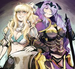 Rule 34 | armor, artist request, axe, blonde hair, blue eyes, blush, bow, breasts, camilla (fire emblem), charlotte (fire emblem), fire emblem, fire emblem fates, gloves, hair over one eye, hair ribbon, large breasts, long hair, looking at viewer, nintendo, panties, purple hair, ribbon, smirk, tagme, underwear, weapon
