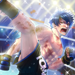 Rule 34 | 1boy, :o, abs, black shorts, blue hair, boxing ring, bruise, clenched hand, fingerless gloves, gloves, high kick, highres, indoors, injury, kicking, looking at viewer, male focus, mixed martial arts, mma gloves, motion blur, muscular, nipples, original, pectorals, shorts, solo, sweat, topless male