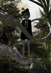 Rule 34 | 1girl, black bow, black eyes, black necktie, black skirt, black suit, bow, branch, collared shirt, commentary, dragon, earrings, eastern dragon, flower, formal, grass, green eyes, green hair, grey hair, hair bow, highres, jewelry, looking at viewer, medium hair, narue, necktie, no nose, original, parted lips, scenery, shirt, skirt, skirt suit, solo focus, standing, suit, water, white shirt