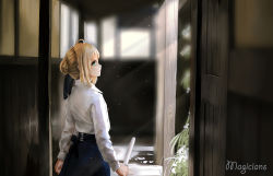 Rule 34 | 1girl, absurdres, ahoge, architecture, artoria pendragon (all), artoria pendragon (fate), bad id, bad pixiv id, blonde hair, blouse, blue dress, braid, dress, east asian architecture, fate/grand order, fate/stay night, fate (series), floor, green eyes, hair ribbon, highres, holding, holding weapon, indoors, long hair, looking at viewer, looking back, magicians (zhkahogigzkh), ribbon, saber (fate), shinai, shirt, solo, sunlight, sword, weapon, white shirt, window, wooden floor