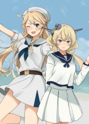 Rule 34 | 2girls, anchor symbol, annin musou, bad id, bad twitter id, blonde hair, blue eyes, blue sailor collar, blush, closed mouth, colorado (kancolle), cosplay, fairy (kancolle), fairy (kancolle) (cosplay), garrison cap, grey headwear, hair between eyes, hat, headgear, iowa (kancolle), kantai collection, long hair, long sleeves, multiple girls, one eye closed, open mouth, pleated skirt, puffy short sleeves, puffy sleeves, sailor collar, sailor hat, short hair, short sleeves, skirt, smile, star-shaped pupils, star (symbol), symbol-shaped pupils, white headwear, white skirt