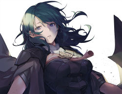 Rule 34 | 1girl, black cape, blue eyes, blue hair, byleth (female) (fire emblem), byleth (fire emblem), cape, fire emblem, fire emblem: three houses, medium hair, nagu, nintendo, parted lips, simple background, solo, upper body, white background
