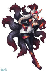 Rule 34 | 1girl, ahri (league of legends), alternate costume, alternate eye color, alternate hair color, alternate hairstyle, animal ears, armlet, armor, breasts, challenger ahri, claws, cleavage, dixneuf, facial mark, forehead protector, fox ears, fox girl, fox tail, from side, full body, gem, greaves, hand on own hip, highres, jewelry, large breasts, league of legends, leaning forward, looking at viewer, multicolored hair, multiple tails, neck ring, pauldrons, ponytail, red eyes, red hair, shoulder armor, simple background, solo, tail, thighlet, two-tone hair, vambraces, whisker markings, white background, white hair