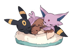 Rule 34 | closed eyes, closed mouth, commentary, creatures (company), ears down, eevee, english commentary, espeon, forehead jewel, game freak, gen 1 pokemon, gen 2 pokemon, mjoyart, nintendo, no humans, pet bed, pokemon, pokemon (creature), simple background, sleeping, umbreon, white background