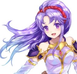 Rule 34 | 1girl, :d, armpits, bare shoulders, blush, breasts, detached sleeves, dress, fire emblem, fire emblem: genealogy of the holy war, jewelry, jurge, long hair, looking at viewer, medium breasts, nintendo, open mouth, ponytail, purple eyes, purple hair, simple background, smile, solo, strapless, strapless dress, tailtiu (fire emblem), upper body, white background