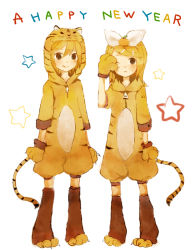 Rule 34 | 1boy, 1girl, :q, animal costume, animal hands, animal print, bad id, bad pixiv id, blonde hair, brother and sister, food, fruit, hair ornament, hairclip, happy new year, hood, hoodie, kagamine len, kagamine rin, mikanniro, new year, one eye closed, orange (fruit), siblings, standing, star (symbol), tail, tiger costume, tiger paws, tiger print, tiger tail, tongue, tongue out, twins, vocaloid, wink