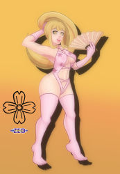 Rule 34 | 1girl, absurdres, aged up, arm behind head, armpits, arms up, artist logo, artist name, ass, blonde hair, blush, breasts, cleavage, cleavage cutout, clothing cutout, dancing, danganronpa (series), danganronpa 2: goodbye despair, danganronpa 3 (anime), female focus, flower, gloves, gradient background, hand fan, hand on own head, highres, lingerie, long hair, looking at viewer, minuszeo, nail polish, navel, nipples, open mouth, orange background, pink footwear, pink gloves, pink lips, pink scrunchie, ponytail, saionji hiyoko, scrunchie, see-through, see-through legwear, shadow, simple background, soles, solo, standing, teeth, thighhighs, thighs, toenail polish, toenails, toes, tongue, underboob, underwear, upper teeth only, watermark, yellow background, yellow eyes