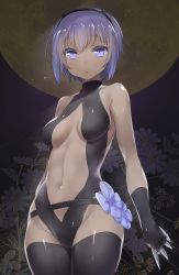 Rule 34 | 1girl, 47agdragon, bare shoulders, black gloves, black thighhighs, breasts, center opening, cowboy shot, dark-skinned female, dark skin, fate/prototype, fate/prototype: fragments of blue and silver, fate (series), fingerless gloves, flower, gloves, hairband, hassan of serenity (fate), highres, knife, leotard, looking at viewer, medium breasts, moon, navel, parted lips, purple eyes, purple hair, short hair, solo, thighhighs, throwing knife, turtleneck, weapon