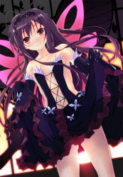 Rule 34 | 10s, 1girl, accel world, antenna hair, bare shoulders, black hair, bug, butterfly, butterfly wings, clothes lift, dress, dress lift, elbow gloves, frilled skirt, frills, gloves, headband, highres, insect, insect wings, kuroyukihime, long hair, looking at viewer, navel, red eyes, skirt, smile, solo, wings, yagami shuuichi