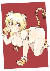 Rule 34 | 1girl, absurdres, all fours, anal, anal object insertion, anal tail, animal ears, animal print, ass, blonde hair, blush, bottomless, breasts, brown eyes, chinese zodiac, cleavage, commission, commissioner upload, dard drak, fake animal ears, fake tail, hidamari sketch, highres, long hair, looking at viewer, miyako (hidamari sketch), new year, object insertion, red background, smile, solo, tail, tiger ears, tiger print, tiger tail, tongue, tongue out, year of the tiger