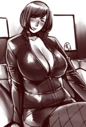 Rule 34 | 1girl, black hair, blush, breasts, cleavage, collar, curvy, facing viewer, ganto, huge breasts, looking at viewer, miniskirt, monochrome, partially unzipped, plump, sitting, skirt, solo