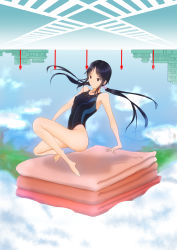 Rule 34 | 1girl, black eyes, black hair, competition swimsuit, highres, long hair, low twintails, mat, muroto aki, one-piece swimsuit, photokano, shinkuoh, sidewalk, swimsuit, twintails, upside-down