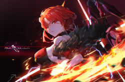 Rule 34 | 1girl, bare shoulders, breasts, character name, ether.b, fire, flaming sword, flaming weapon, forehead, fur collar, hair ornament, highres, holding, holding sword, holding weapon, honkai (series), honkai impact 3rd, looking at viewer, looking to the side, murata himeko, murata himeko (vermillion knight), open mouth, red hair, sideboob, solo, sword, teeth, v-shaped eyebrows, weapon, yellow eyes