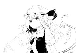 Rule 34 | 1girl, absurdres, artist name, ascot, breasts, closed mouth, collarbone, flandre scarlet, greyscale, hat, hat ribbon, high contrast, highres, kotayo, medium hair, mob cap, monochrome, puffy short sleeves, puffy sleeves, ribbon, shirt, short sleeves, simple background, small breasts, solo, touhou, twitter username, upper body, vest, wings