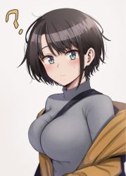 Rule 34 | 1girl, alternate breast size, bad id, bad twitter id, between breasts, blue eyes, blush, breasts, commentary request, highres, hololive, jacket, large breasts, looking at viewer, mame rakko, oozora subaru, short hair, sideboob, solo, strap between breasts, sweater, turtleneck, turtleneck sweater, virtual youtuber, white background