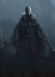 Rule 34 | 1boy, armor, artist name, belt, black coat, blood, bloodborne, bloody crow of cainhurst, brown belt, buttons, capelet, character request, coat, copyright name, feather trim, greaves, grey background, grey hair, gun, highres, holding, holding gun, holding sword, holding weapon, katana, long hair, male focus, sword, tripdancer, weapon