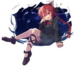 Rule 34 | 1girl, animal ears, ar (maeus), black footwear, blush, bow, braid, cat ears, dress, fang, frilled sleeves, frills, full body, green dress, hair bow, highres, kaenbyou rin, long hair, long sleeves, open mouth, red bow, red eyes, red hair, shoes, smile, solo, touhou, twin braids