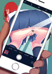 Rule 34 | 1girl, bent over, camera, cellphone, censored, finger to mouth, heart, heart censor, highres, iphone, long hair, michael.r, phone, pov, pussy, red eyes, red hair, school uniform, skirt, smartphone, solo focus, uniform