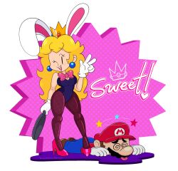 Rule 34 | 1boy, 1girl, blonde hair, bow, bowtie, breasts, brown hair, cleavage, crown, earrings, frying pan, full body, grin, high heels, highres, image sample, injury, jewelry, legs, leotard, long hair, lying, mario, mario (series), mayo (funnyhoohooman), nintendo, on stomach, one eye closed, overalls, pantyhose, playboy bunny, princess peach, rabbit ears, resolution mismatch, smile, source larger, standing, super smash bros., tongue, tongue out, v, wink