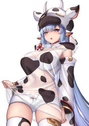Rule 34 | 1girl, animal costume, animal ears, animal print, armpit crease, bikini, black bikini, blue hair, bra, breasts, catura (granblue fantasy), cleavage, collarbone, cow costume, cow ears, cow girl, cow horns, cow print, cowboy shot, detached collar, detached sleeves, earrings, gold trim, granblue fantasy, highleg, highleg bikini, highres, hood, hood down, horns, jewelry, large breasts, long hair, long sleeves, looking at viewer, micro shorts, open fly, purple eyes, revealing clothes, see-through, shorts, sidelocks, simple background, solo, string bikini, swimsuit, thick eyebrows, thighhighs, thighs, underwear, very long hair, white background, white bra, white shorts, white thighhighs, ym (distance819)