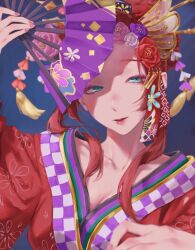Rule 34 | 1girl, blue eyes, breasts, cleavage, emma verde, flower, freckles, hair ornament, hand fan, highres, holding, holding fan, japanese clothes, kanzashi, kimono, large breasts, love live!, love live! nijigasaki high school idol club, medium breasts, parted lips, red hair, rose, saidamoosu (tree 3m), simple background, solo, tagme, upper body