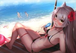 Rule 34 | 3girls, absurdres, amatsukaze (kancolle), barefoot, beach, bikini, blush, breasts, dutch angle, flower, food, front-tie bikini top, front-tie top, hair between eyes, hair flower, hair ornament, hibiscus, highres, kantai collection, long hair, looking at viewer, lying, multiple girls, navel, on back, open mouth, outdoors, popsicle, scan, shimakaze (kancolle), side-tie bikini bottom, small breasts, solo focus, splashing, sweat, swimsuit, takanashi kei (hitsujikan), thigh strap, tokitsukaze (kancolle), two side up, wading, yellow eyes