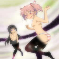 Rule 34 | 10s, 2girls, akemi homura, anime coloring, ass, black hair, blush, finger to mouth, hairband, hiraizumi (mugenkidousha), kaname madoka, long hair, mahou shoujo madoka magica, mahou shoujo madoka magica (anime), multiple girls, panties, panties only, panties under pantyhose, pantyhose, pink eyes, pink hair, short hair, space, spoilers, striped clothes, striped panties, tears, topless, twintails, underwear, underwear only