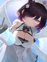 Rule 34 | 1girl, azur lane, bottle, breasts, detached sleeves, drinking straw, hair over one eye, hat, highres, humo, jervis (azur lane), juice box, large breasts, lens flare, looking at viewer, medium hair, nurse cap, open mouth, purple eyes, ribbon, sky, wings