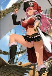 Rule 34 | 10s, 1girl, absurdres, boots, bow, breasts, bustier, captain liliana, cleavage, cloud, day, foreshortening, hat, highres, hobby japan, jolly roger, knee boots, large breasts, leg up, legs, lingerie, long hair, midriff, miniskirt, navel, oda non, panties, pantyshot, pink eyes, pink hair, pink panties, pirate, pirate hat, pleated skirt, queen&#039;s blade, queen&#039;s blade lost worlds, queen&#039;s blade rebellion, ribbon, scan, ship, skirt, skull and crossed swords, sky, smile, solo, sword, thighs, underwear, upskirt, very long hair, watercraft, weapon