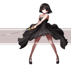 Rule 34 | 1girl, absurdres, bare shoulders, black dress, black hair, blush, breasts, brown eyes, closed mouth, collarbone, dress, full body, heterochromia, highres, holding, holding sword, holding weapon, jewelry, katana, large breasts, looking at viewer, necklace, original, red eyes, seungju lee, short hair, solo, standing, sword, weapon