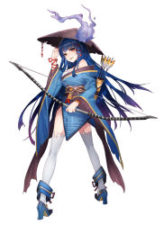 Rule 34 | 1girl, adjusting clothes, adjusting headwear, arrow (projectile), artist request, blue hair, bow, character request, full body, hat, high heels, highres, holding, holding weapon, long hair, long sleeves, looking back, off shoulder, official art, open mouth, quiver, simple background, solo, thighhighs, weapon, white background, white thighhighs, youkai hyakki-tan!