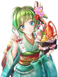 Rule 34 | 1girl, alternate costume, bad id, bad pixiv id, bento, blue eyes, bow, clear glass (mildmild1311), fire emblem, fire emblem: the blazing blade, fish (food), furisode, green hair, green kimono, hairband, highres, japanese clothes, kimono, long sleeves, looking at viewer, nino (fire emblem), nintendo, obi, purple hairband, sash, seafood, short hair, simple background, smile, solo, upper body, white background, wide sleeves