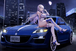 Rule 34 | 1girl, absurdres, blue eyes, blue gloves, building, car, character name, city, cityscape, closed mouth, clover days, commentary, commentary request, elbow gloves, english commentary, gloves, high heels, highres, kagami hikaru, kcar66t, license plate, long hair, mazda, mazda rx-8, mixed-language commentary, motor vehicle, night, night sky, on vehicle, outdoors, race queen, sitting, sky, smile, solo, sports car, thighhighs, two-tone gloves, white gloves, white hair, white thighhighs