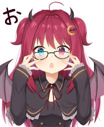 Rule 34 | 1girl, absurdres, adjusting eyewear, ahoge, bespectacled, blush, breasts, choco tanuki, cleavage, crescent, crescent hair ornament, demon horns, demon wings, fang, glasses, hair ornament, heterochromia, highres, horns, long hair, looking at viewer, nijisanji, open mouth, portrait, red hair, simple background, solo, virtual youtuber, white background, wings, yuzuki roa