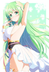 Rule 34 | 1girl, anastigal elmar engel berglund, arm behind head, arm up, armpits, ass, breasts, bridal gauntlets, bunny1219, dress, elf, female focus, from side, green eyes, green hair, hand to own mouth, highres, iris mysteria!, long hair, looking at viewer, matching hair/eyes, pointy ears, sideboob, sleeveless, sleeveless dress, smile, solo, thighhighs, thighs, very long hair, white dress, white thighhighs
