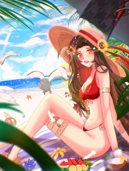 1girl alice_leah aly_doppelbvnger beach bra brown_hair costume crossed_legs freckles genshin_impact highres long_hair looking_at_viewer open_mouth original red_eyes solo underwear