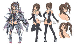 Rule 34 | 1girl, arched back, armlet, armor, armored boots, armpits, ass, back, black footwear, black gloves, black thighhighs, bodysuit, boots, breasts, brown hair, casual one-piece swimsuit, character sheet, choker, cleavage, clenched hand, clenched hands, closed mouth, collarbone, concept art, contrapposto, covered navel, cowboy shot, criss-cross halter, dated, deviantart, digital dissolve, drill hair, elbow gloves, elbow pads, expressionless, faulds, fingerless gloves, from above, from behind, from below, full body, gatling gun, gauntlets, gloves, gluteal fold, greaves, groin, gun, hair between eyes, hair ornament, hair over shoulder, hairclip, hairpin, halterneck, hand on own hip, hand up, head tilt, headdress, headgear, headset, high heel boots, high heels, highleg, highleg leotard, highleg swimsuit, hip focus, holding, holding weapon, jewelry, knee pads, kneepits, leaning, leg armor, leg lift, leg up, legs apart, leotard, light smile, long hair, looking at viewer, looking away, looking back, looking up, mecha musume, medium breasts, multiple views, nape, one-piece swimsuit, one side up, original, outstretched arm, pigeon-toed, ponytail, red eyes, rubber band, shoes, short hair with long locks, short twintails, side ponytail, sideboob, sidelocks, sideways glance, simple background, single gauntlet, skin tight, smile, spread fingers, standing, standing on one leg, swimsuit, thigh boots, thighhighs, topless, torn clothes, torn legwear, torn leotard, torn swimsuit, tsurime, turnaround, twin drills, twintails, two-tone swimsuit, watermark, wdy1000, weapon, web address, white background, white choker