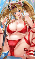 Rule 34 | 1girl, ass, bare shoulders, bikini, blonde hair, blue eyes, bracelet, breasts, cameltoe, cleavage, covered erect nipples, eyewear on head, granblue fantasy, highres, jewelry, large breasts, navel, official alternate costume, open mouth, red bikini, shino (comic penguin club), sitting, solo, spread legs, swimsuit, thighs, twintails, v, zeta (granblue fantasy), zeta (summer) (granblue fantasy)