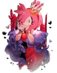 Rule 34 | 1girl, amy rose, birthday cake, blush, cake, cake hair ornament, dress, feather boa, food, food-themed hair ornament, furry, furry female, gloves, green eyes, hair ornament, highres, one eye closed, red dress, simple background, solo, sonic (series), the murder of sonic the hedgehog, usa37107692, white background, white gloves