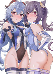 Rule 34 | 2girls, absurdres, ahoge, ass, bare shoulders, blue hair, blush, breasts, commentary request, cone hair bun, covered navel, cowboy shot, double bun, elbow gloves, ganyu (genshin impact), genshin impact, gloves, goat horns, groin, hair bun, hand on own hip, highleg, highleg leotard, highres, horns, keqing (genshin impact), leotard, long hair, looking at viewer, medium breasts, multiple girls, parted lips, purple eyes, purple hair, race queen, simple background, thighhighs, thighs, twintails, white background, yashita saki