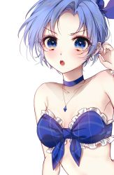 Rule 34 | 1girl, 58 (opal 00 58), :o, bare shoulders, bikini, blue bikini, blue choker, blue eyes, blue hair, blue ribbon, blush, borrowed character, breasts, choker, collarbone, earrings, eye focus, eyelashes, forehead, frilled bikini, frills, hand up, highres, jewelry, looking at viewer, bae minah (chaesu), open mouth, original, ribbon, short hair, simple background, small breasts, solo, strapless, strapless bikini, swimsuit, upper body, v-shaped eyebrows, white background