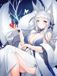 Rule 34 | 1girl, absurdres, animal ear fluff, animal ears, ass, azur lane, bad id, bad pixiv id, bare shoulders, blue collar, blue dress, branch, breasts, cleavage cutout, clothing cutout, collar, detached collar, dress, evening gown, feather boa, floating, fox ears, fox girl, hair ornament, halter dress, halterneck, highres, huge filesize, kitsune, kyuubi, large breasts, large tail, looking at viewer, meoyo, multiple tails, red wine, shinano (azur lane), shinano (dreams of the hazy moon) (azur lane), sleeveless, sleeveless dress, solo, tail, two-tone dress, white dress, white hair, white tail, wine, wrist flower