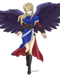 Rule 34 | 1girl, blonde hair, boots, breasts, breath of fire, breath of fire ii, bridal gauntlets, closed mouth, dress, feathered wings, full body, green eyes, kanmiq, knee boots, long hair, looking at viewer, medium breasts, nina (breath of fire ii), purple wings, side slit, simple background, solo, white background, wings