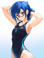 Rule 34 | 1girl, a-chan (hololive), absurdres, arm behind head, armpits, black-framed eyewear, blue bow, blue eyes, blue hair, bow, cohi27151463, commentary request, competition swimsuit, copyright name, flat chest, glasses, hair bow, hand in own hair, highleg, highleg swimsuit, highres, hololive, logo, looking at viewer, one-piece swimsuit, semi-rimless eyewear, short hair, solo, swept bangs, swimsuit, under-rim eyewear, virtual youtuber, water drop, wet, wet clothes, wet swimsuit